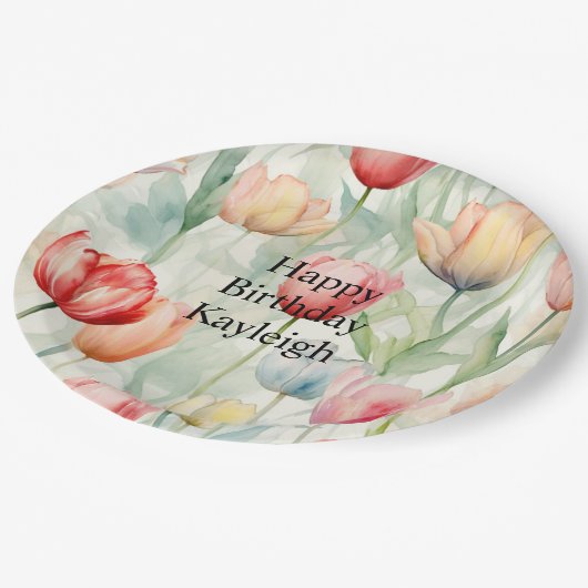 Boerderij Rood Geel Tulpenbloemen Verjaardag Papieren Bordje (Gekanteld)