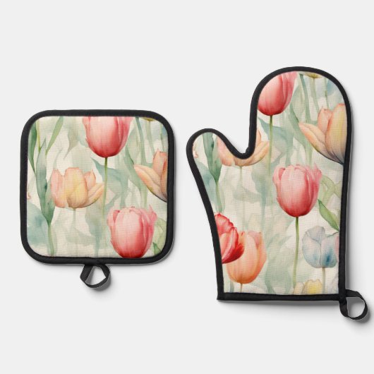 Boerderij Rood Geel Tulpenbloemen Vrijgezellenfees Ovenwant & Pannenlap Set (Voorkant)