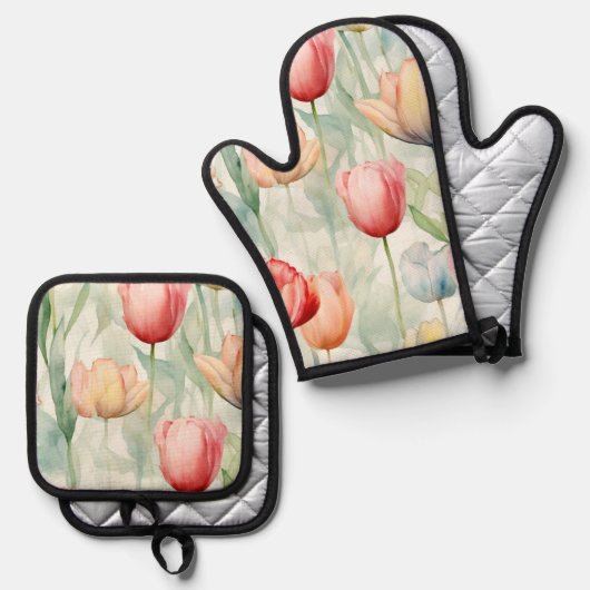 Boerderij Rood Geel Tulpenbloemen Vrijgezellenfees Ovenwant & Pannenlap Set (Voorkant / Achterkant)