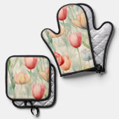 Boerderij Rood Gele Tulp Bloemen Bruidsfeest Ovenwant & Pannenlap Set (Voorkant / Achterkant)