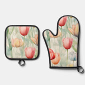 Boerderij Rood Gele Tulp Bloemen Bruiloft Feest Ovenwant & Pannenlap Set (Voorkant)