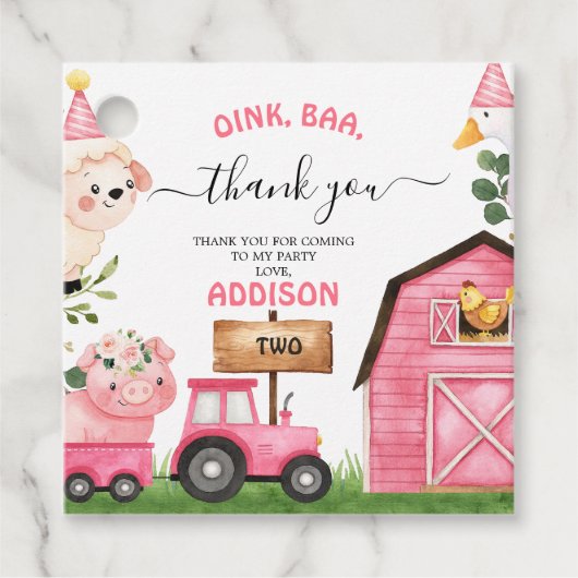 Boerderij Roze Schuur Tractor Verjaardag Dank u Bedankjes Labels (Voorkant)