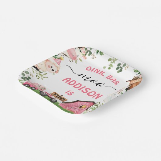 Boerderij Roze Schuur Tractor Verjaardagsfeest Papieren Bordje (Gebogen)