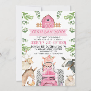 Boerderij Roze Tractor Oink Baa Moo 2de Verjaardag Kaart