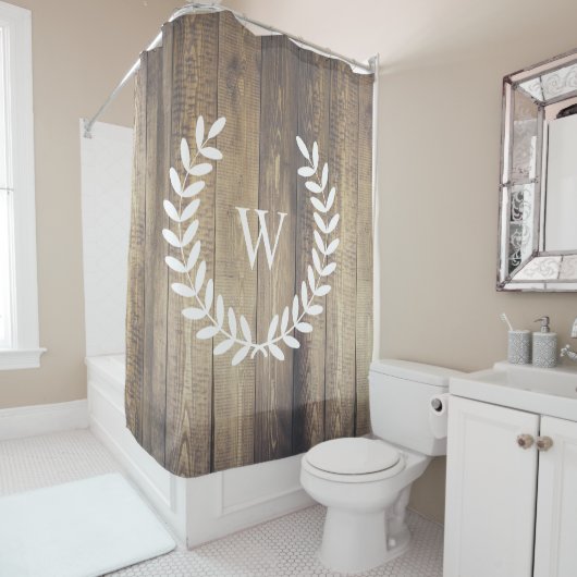 Boerderij Rustiek Land Witte Laurels Houten Planke Douchegordijn (In situ)