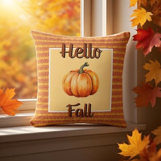 Boerderij Rustiek Sinaasappel Hallo Herfst Pompoen Kussen (Hello Fall pillow adds rustic autumn warmth to your cozy home.)