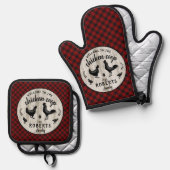 Boerderij rustieke geruite houten kippenhok op maa ovenwant & pannenlap set (Voorkant / Achterkant)