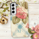 boerderij rustieke monogram roze rozen samsung galaxy hoesje<br><div class="desc">Zeer  rustiek / boerderij / cottage stijl ontwerp met roze rozen,  salie groen gebladerte en stoffige blauwgroen blauw diagonaal waterverf strepen op pastel geel / buff achtergrond. Bevat tekstveld voor jouw naam,  initiaal of monogram.</div>