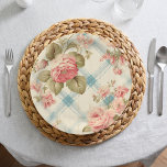 boerderij rustieke roze rozen papieren bordje<br><div class="desc">Zeer  rustiek / boerderij / cottage stijl ontwerp met roze rozen,  salie groen gebladerte en stoffige blauwgroen blauw diagonaal waterverf strepen op pastel geel / buff achtergrond.</div>