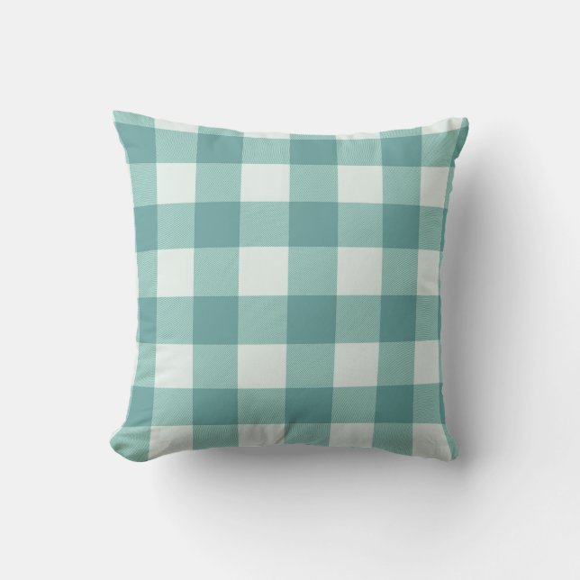 Boerderij Rustieke Teal Witte Buffalo Plaid Vierka Kussen (Voorkant)