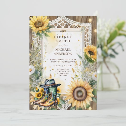 Boerderij rustieke zonnebloemen bruiloft kaart (Staand voorkant)