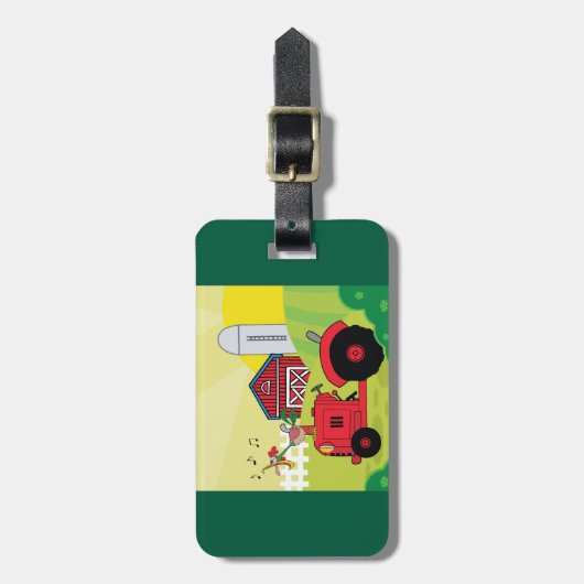 Boerderij Scene met Zingende Haan op Tractor Bagagelabel (Voorkant verticaal)