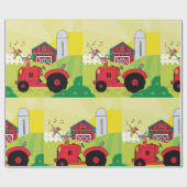 Boerderij Scene met Zingende Haan op Tractor Cadeaupapier (Vlak)