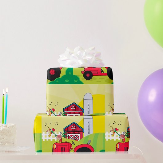 Boerderij Scene met Zingende Haan op Tractor Cadeaupapier