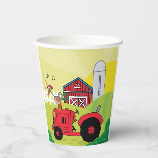 Boerderij Scene met Zingende Haan op Tractor Papieren Bekers (Voorkant)