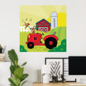 Boerderij Scene met Zingende Haan op Tractor Poster (Thuiskantoor)