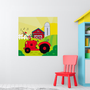 Boerderij Scene met Zingende Haan op Tractor Poster