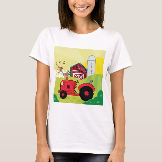 Boerderij Scene met Zingende Haan op Tractor T-shirt (Voorkant)