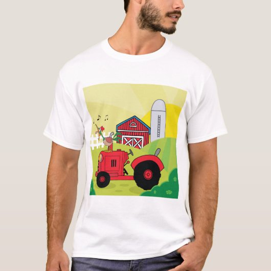 Boerderij Scene met Zingende Haan op Tractor T-shirt (Voorkant)