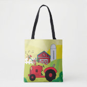 Boerderij Scene met Zingende Haan op Tractor Tote Bag (Voorkant)