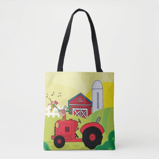 Boerderij Scene met Zingende Haan op Tractor Tote Bag (Voorkant)