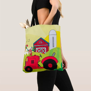 Boerderij Scene met Zingende Haan op Tractor Tote Bag