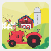Boerderij Scene met Zingende Haan op Tractor Vierkante Sticker (Voorkant)