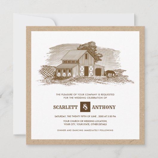 Boerderij schets kraft papier rustieke bruiloft ui kaart (Voorkant)