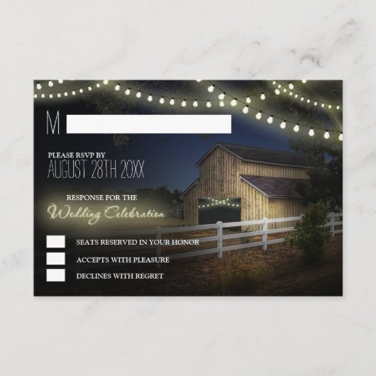 Boerderij Slingerlichten Rustieke Schuur Bruiloft RSVP Kaartje (Voorkant)