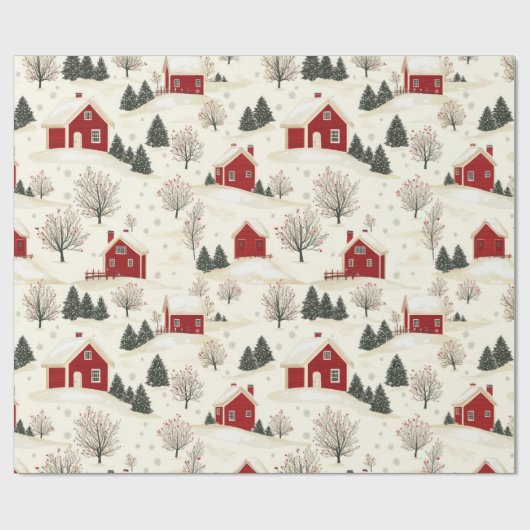 Boerderij stijl rode winter huis en bomen cadeaupapier (Vlak)