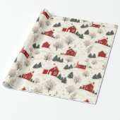 Boerderij stijl rode winter huis en bomen cadeaupapier (Uitgerold)