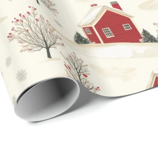 Boerderij stijl rode winter huis en bomen cadeaupapier (Rol Hoek)