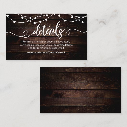 Boerderij String lichten, Wit, Hout, Bruiloftsdeta Informatiekaartje (Voorkant / Achterkant)