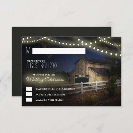 Boerderij String Lights rustieke schuur bruiloft R RSVP Kaartje (Voorkant / Achterkant)