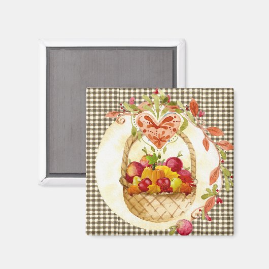 Boerderij Style Harvest Basket / Brown Gingham Fri Magneet (Voorkant / Achterkant)