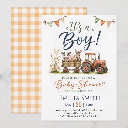 Boerderij Tractor Baby Shower Kaart (Voorkant / Achterkant)