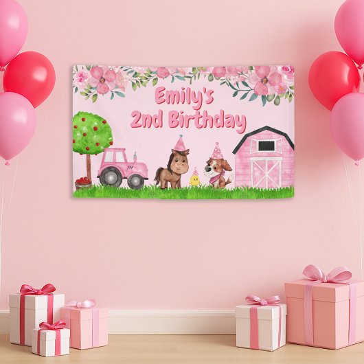 Boerderij Tractor Dieren Roze 2de Verjaardag Spandoek