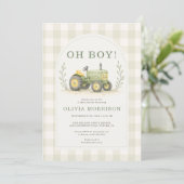 Boerderij Tractor Gingham Baby Shower Kaart (Staand voorkant)