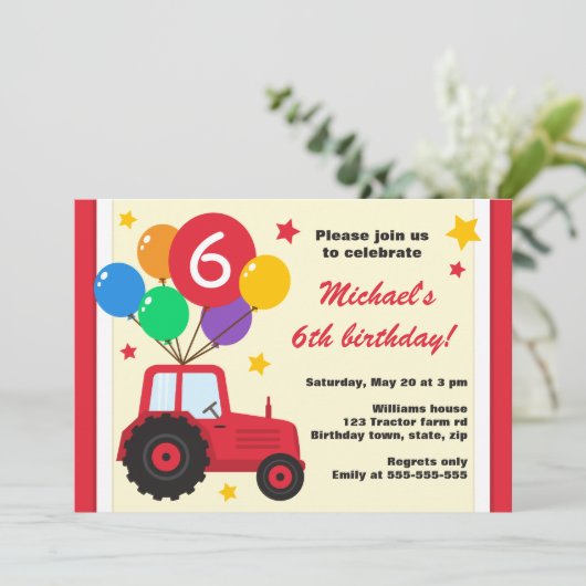 Boerderij tractor met ballonnen op verjaardagsfees kaart (Staand voorkant)