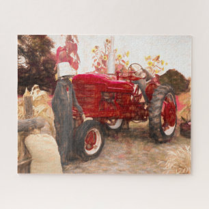Boerderij Tractor Red  Rustic Autumn Harvest Legpuzzel
