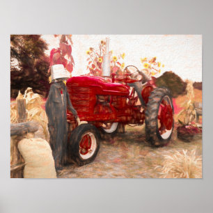 Boerderij Tractor Red Rustic Autumn Harvest Poster