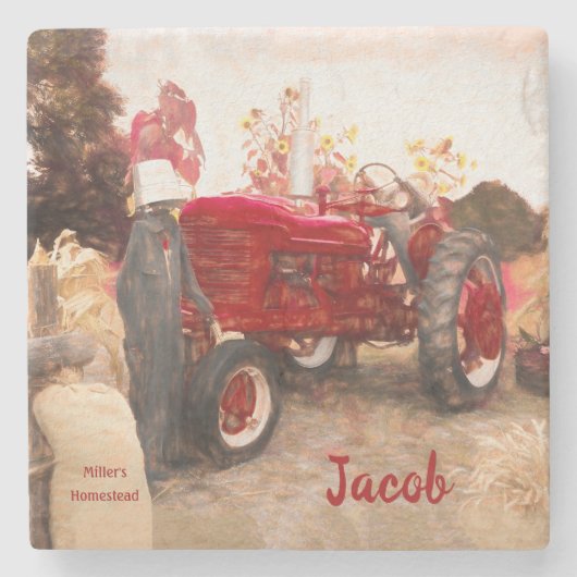 Boerderij Tractor Red  Rustic Autumn Harvest Stenen Onderzetter (Voorkant)
