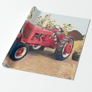 Boerderij Tractor Rode Retro  Rustieke Herfst Oogs Cadeaupapier