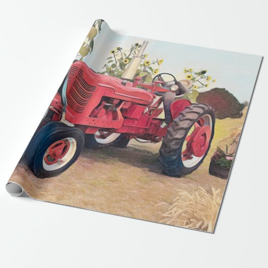 Boerderij Tractor Rode Retro  Rustieke Herfst Oogs Cadeaupapier (Uitgerold)