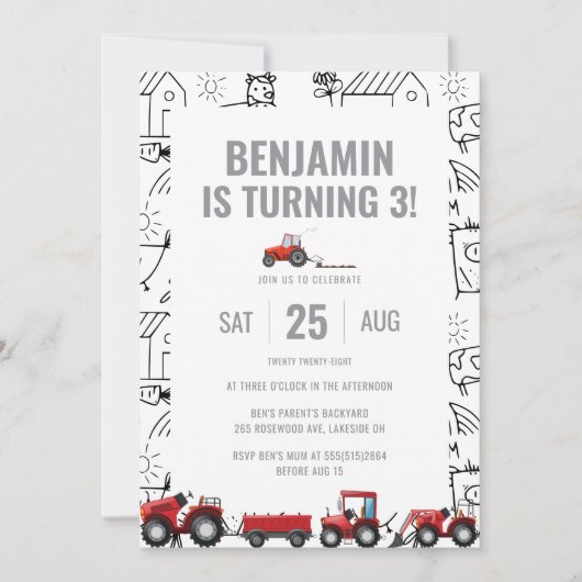 Boerderij Tractoren Thema Verjaardagsuitnodiging Kaart (Voorkant)