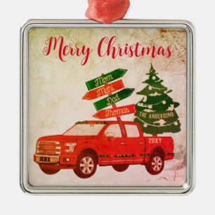 Boerderij Tree Red Truck Familienaam Vintage Chris Metalen Ornament