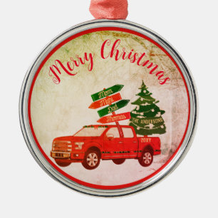 Boerderij Tree Red Truck Familienaam Vintage Chris Metalen Ornament