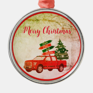 Boerderij Tree Red Truck Familienaam Vintage Chris Metalen Ornament