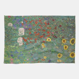 Boerderij tuin met zonnebloemen door Gustav Klimt Theedoek