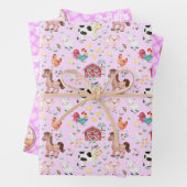 Boerderij tuindieren gingham roze inpakpapier vel (In situ)